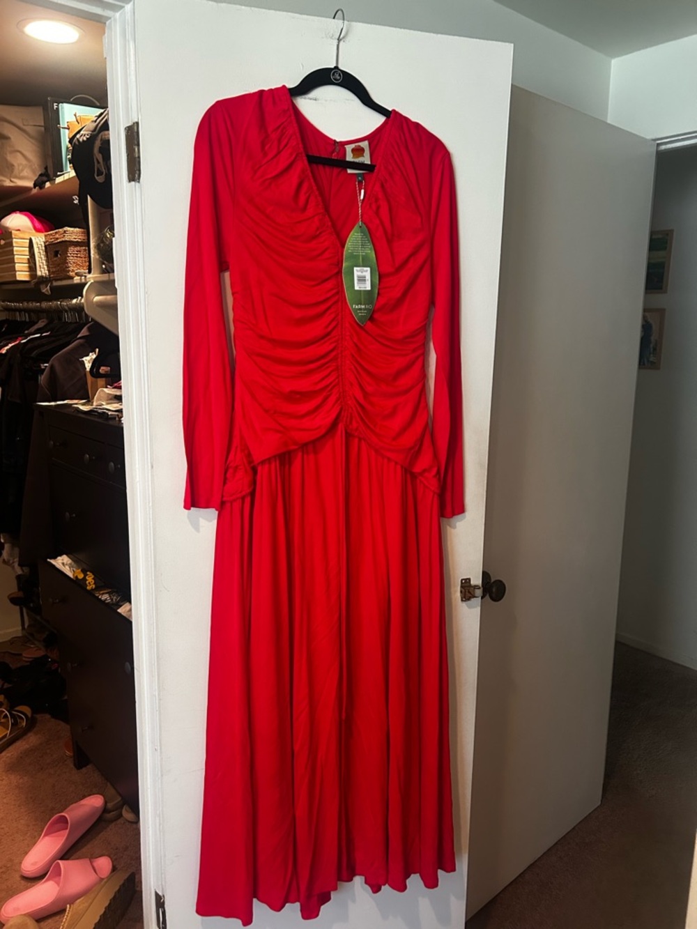 FARM Rio Red Long-Sleeve Ruched Maxi Dress